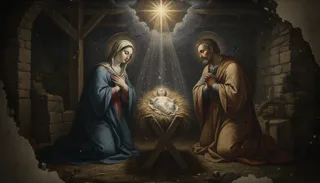 A nativity: a blue-robed Mary and a kneeling bearded Joseph flank the haloed infant in a straw manger beneath a radiant star