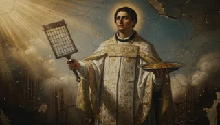 Św. Wawrzyniec w białych szatach liturgicznych trzyma żelazny ruszt i tacę z monetami, za nim promienie światła