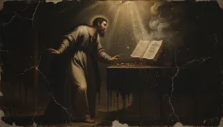 Dark oil-painting panel of a bearded haloed man in grey robe reaching toward a glowing open book inscribed in Latin