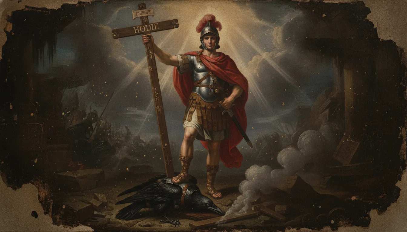 Saint Expédit en jeune soldat romain tenant une croix portant le mot HODIE, écrasant sous son pied un corbeau
