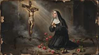 Santa Rita de Casia, monja velada, reza de rodillas ante un crucifijo, rosas rojas e higos por el suelo