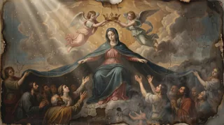 A crowned woman in a blue mantle stands on clouds surrounded by many kneeling angels, white lilies below