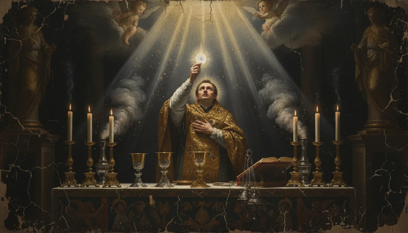 A robed priest elevating the Host above an altar as rays of light stream down amid rising incense