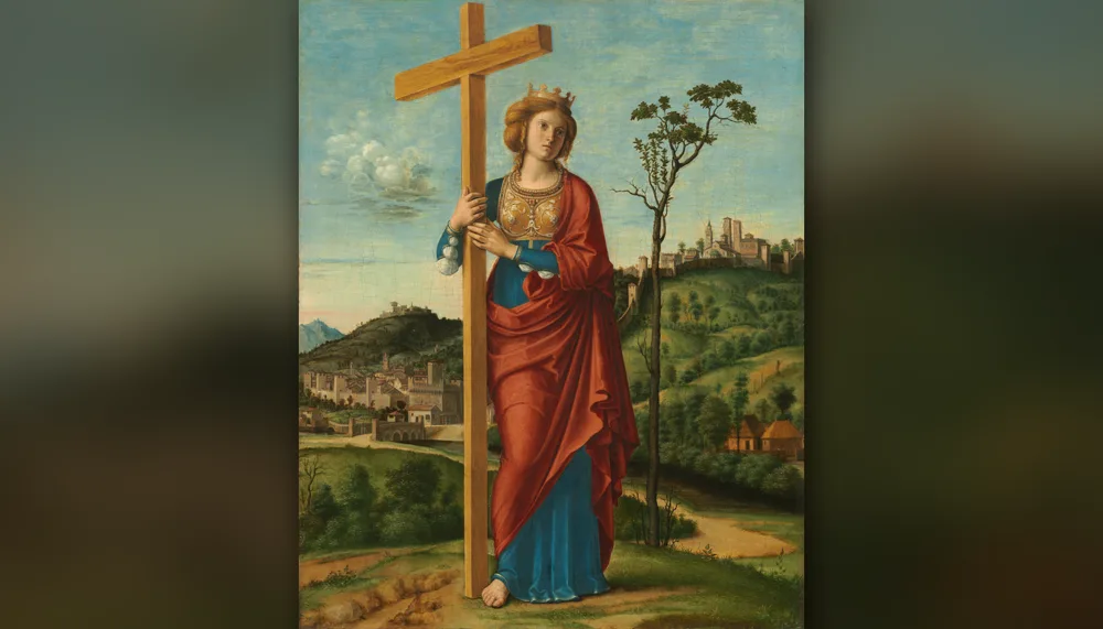 Santa Elena, emperatriz coronada, abraza la Santa Cruz en un paisaje del Véneto — Cima da Conegliano