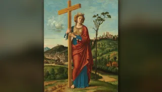 Santa Elena, emperatriz coronada, abraza la Santa Cruz en un paisaje del Véneto — Cima da Conegliano