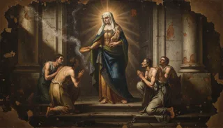 Santa Edwiges, coroada e de manto azul e ouro, oferece pão a homens ajoelhados e necessitados entre colunas de pedra