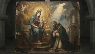 Damaged canvas of the enthroned crowned Virgin with the Child and a kneeling tonsured friar in robes