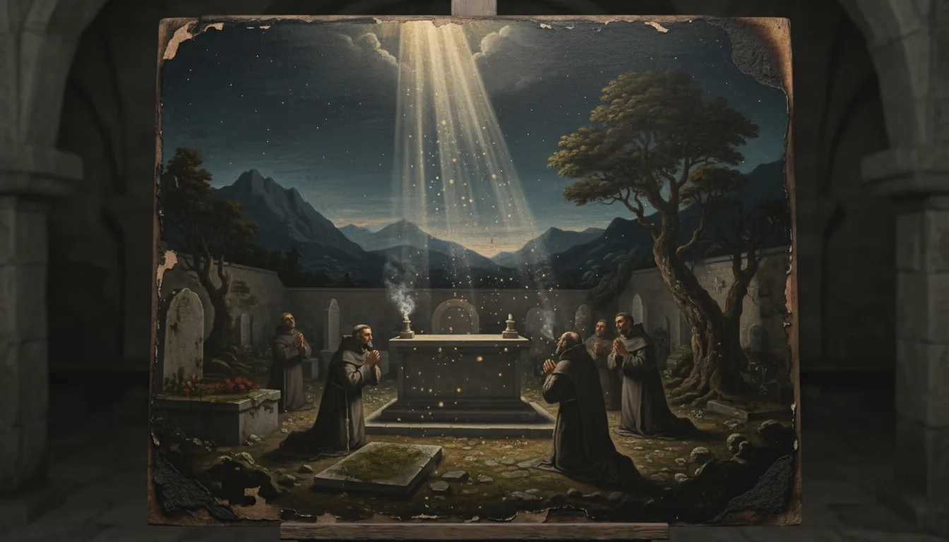 Una luce insolita brilla di notte sulla tomba di pietra di San Charbel nel cimitero del monastero