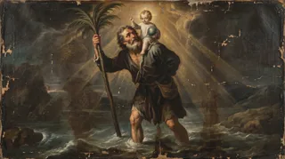 St Christopher wading through water, carrying the radiant Christ Child on his shoulder and gripping a palm staff
