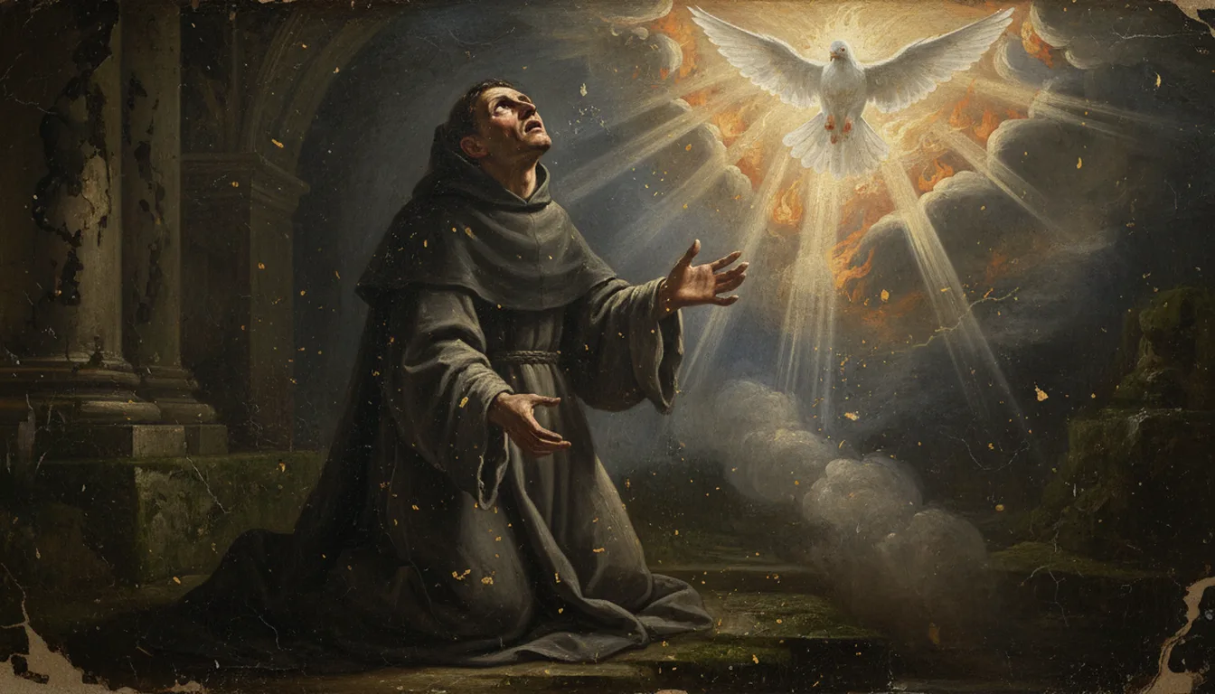 The Holy Ghost descends as a dove upon a soul in tongues of fire