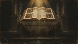 An open illuminated book with Latin text and miniatures resting on a stone altar, a light beam shining above