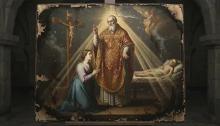St Valentine as a vested priest blessing a kneeling woman, a crucifix behind and a pale reclining body on a bed