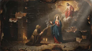 A hooded figure kneels with candles and incense before a standing veiled Mary, a robed man on clouds above