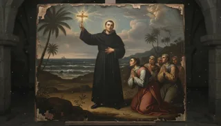 San Francesco Saverio, frate missionario, innalza un crocifisso luminoso su una spiaggia mentre fedeli inginocchiati pregano