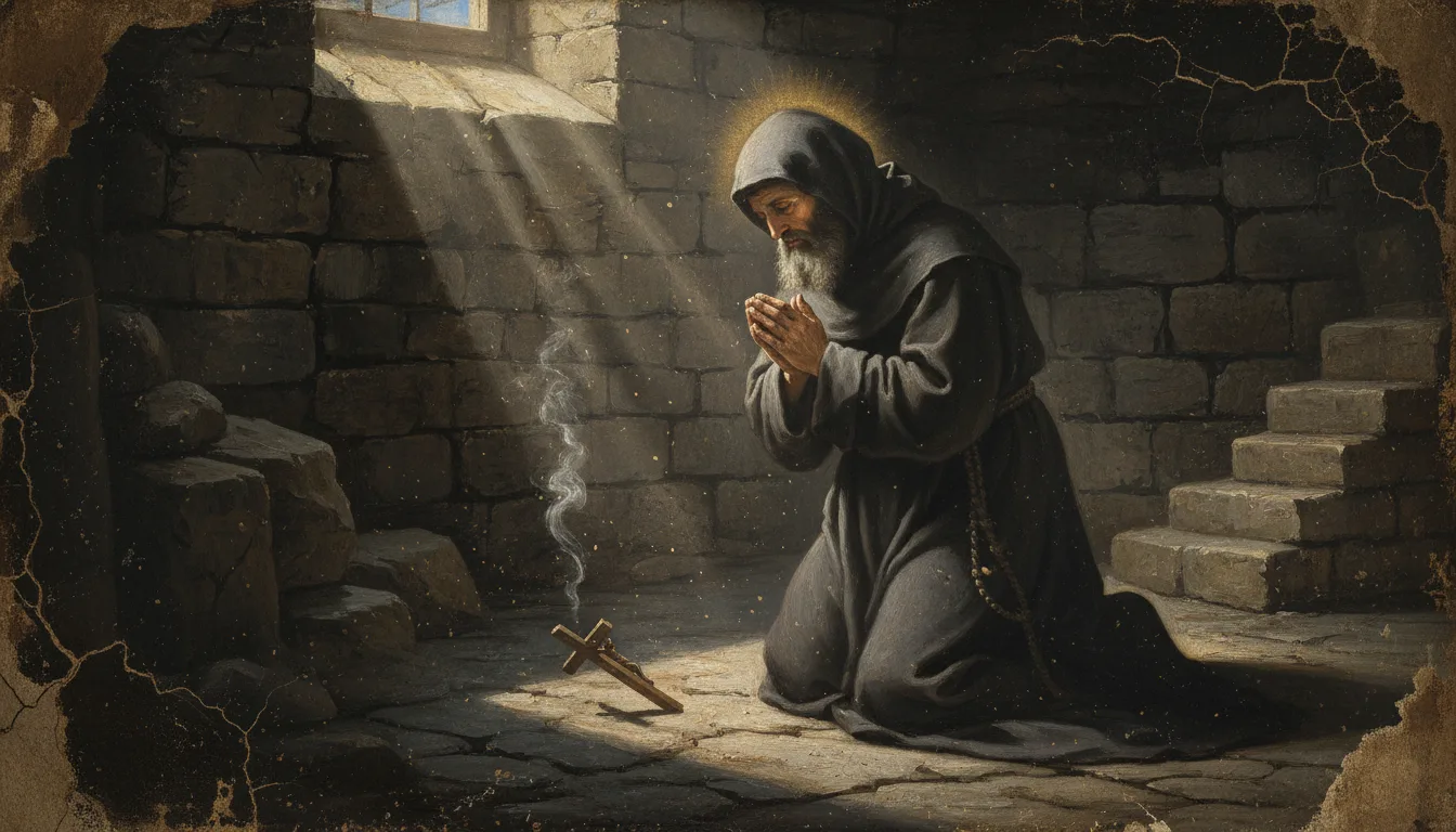 San Charbel, monaco barbuto incappucciato, prega in ginocchio nel silenzio del suo eremo di pietra