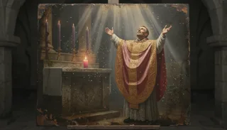 A vested priest in a rose chasuble raises his arms skyward beside an altar with lit purple and white Advent candles