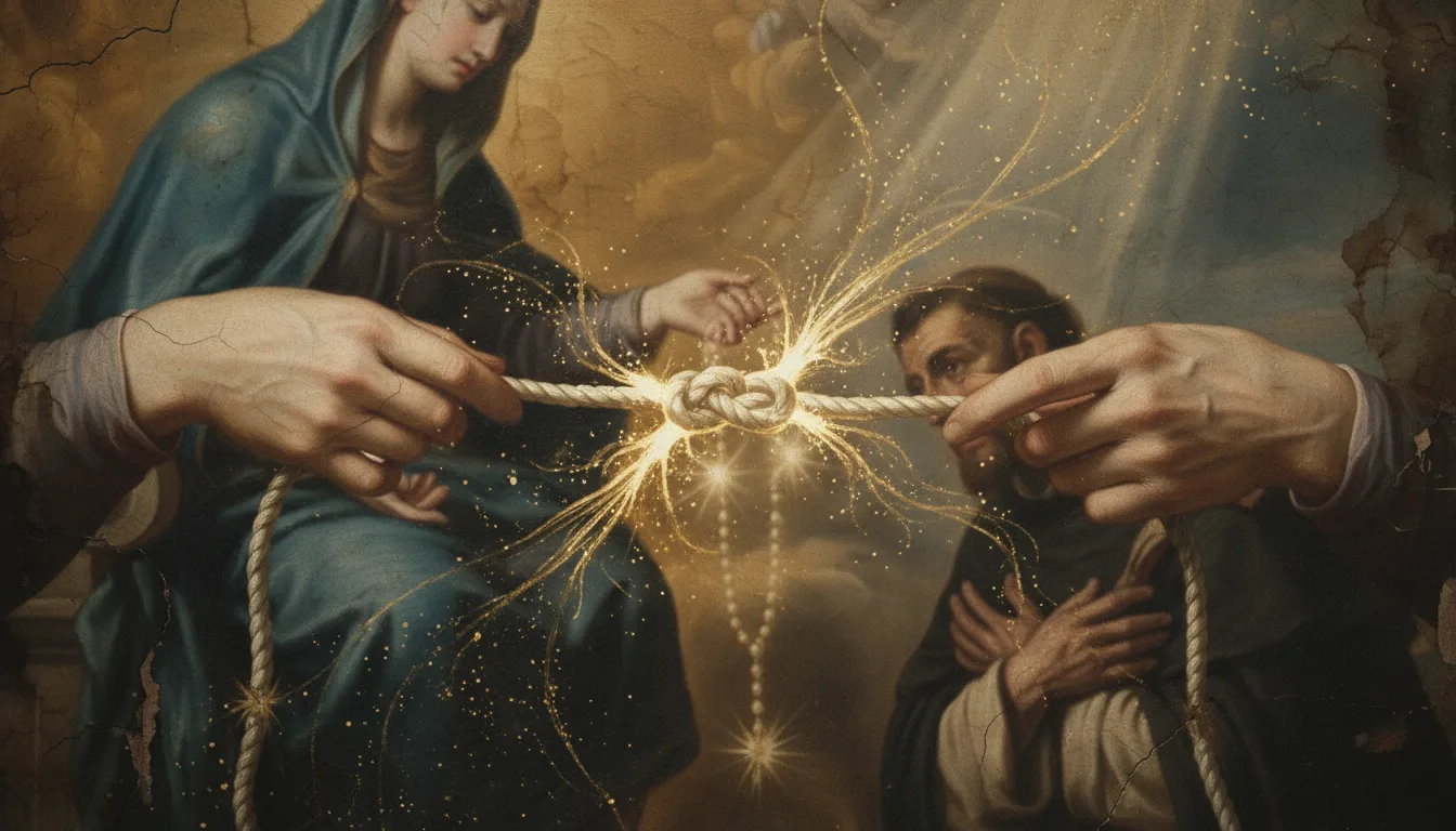 Close devotional study of a single stubborn knot in a white cord unravelling into threads of golden light between gentle fingers