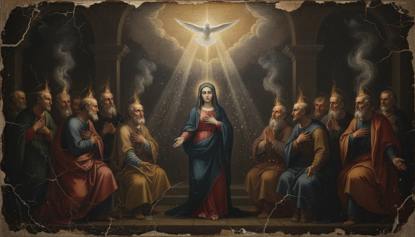 Lenguas de fuego descienden sobre María y los apóstoles en Pentecostés