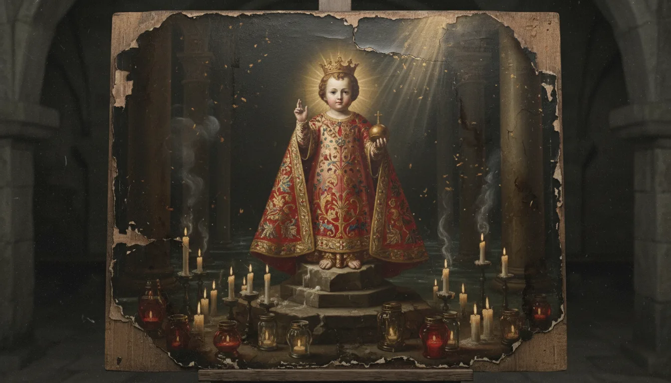 A imagem coroada do Menino Jesus de Praga, com o orbe na mão e a bênção, entre velas acesas