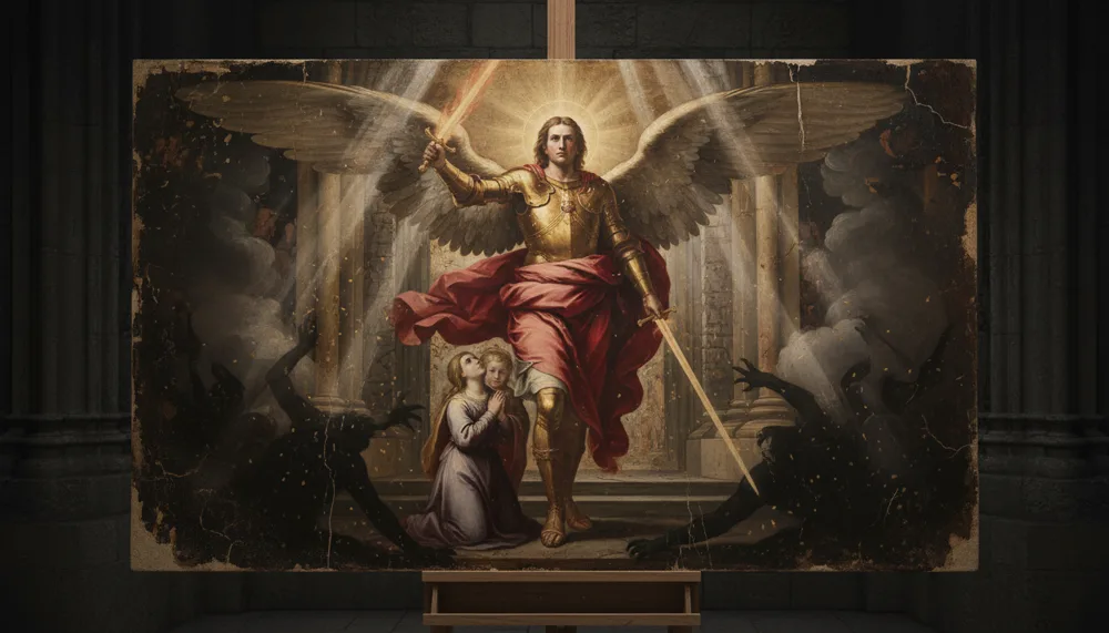 A winged armored figure raises a sword over a kneeling child as dark clawed hands reach up below