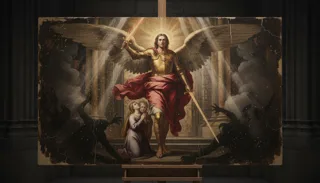 A winged armored figure raises a sword over a kneeling child as dark clawed hands reach up below