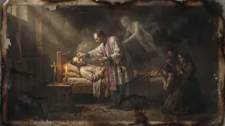 Ein Priester in violetter Stola salbt einen kranken Mann im Bett, eine lichte Gestalt darüber, die Familie kniet im Gebet