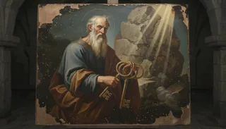 São Pedro, ancião de barba branca, segura duas grandes chaves douradas, sentado diante de rochas iluminadas por um feixe de luz