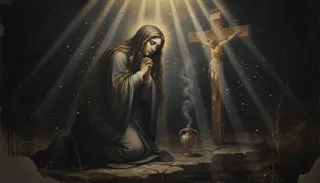 St Mary Magdalene as a kneeling long-haired woman praying with folded hands before a crucifix, incense smoking on stone