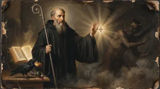 St Benedict, a haloed bearded monk with crozier raising a glowing cross toward a fleeing demon, book and raven nearby