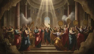 Deux groupes de figures en robe jouant trompettes, harpes et cymbales devant un autel doré lumineux