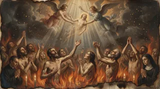 Dos ángeles elevan un alma pálida de las llamas mientras figuras dolientes alzan los brazos entre el fuego y los cirios