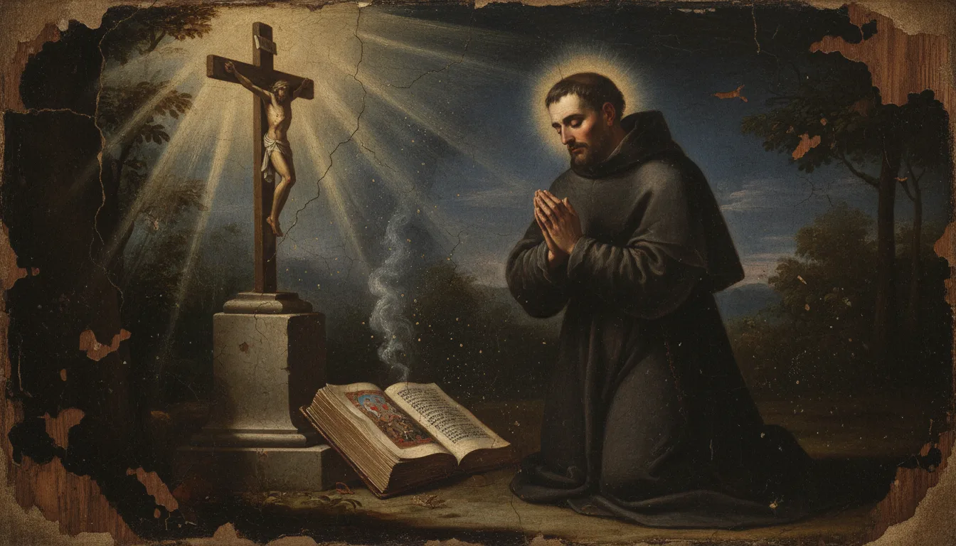 A robed man kneels in silent meditation before a crucifix at dawn
