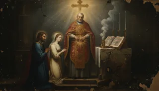 Cracked oil painting of a vested priest at an altar joining the hands of a kneeling haloed couple beneath a glowing cross