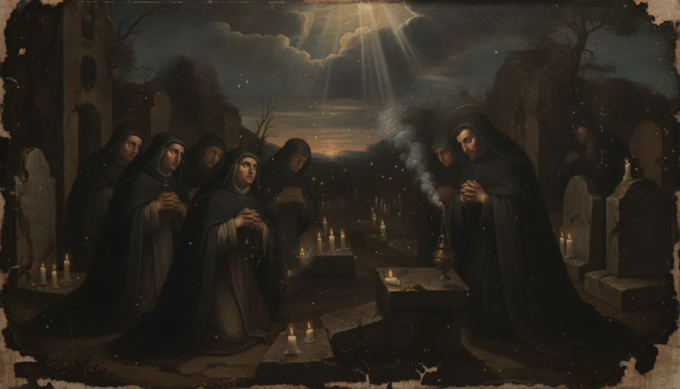 Un piccolo gruppo di fedeli prega in raccoglimento fra le tombe di un cimitero con candele accese al crepuscolo