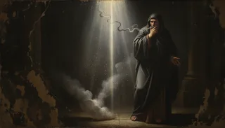 A hooded cloaked figure stands covering its mouth near rising smoke and a shaft of light