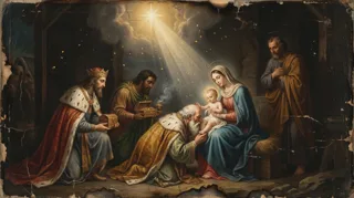 The Magi, a crowned king and a kneeling elder, offer gifts to the seated Virgin and Child beneath a bright star