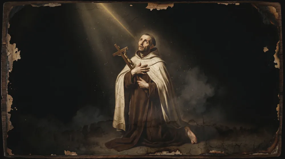 San Giovanni della Croce, frate inginocchiato nel buio, stringe un crocifisso e leva lo sguardo verso un fascio di luce