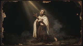 San Giovanni della Croce, frate inginocchiato nel buio, stringe un crocifisso e leva lo sguardo verso un fascio di luce