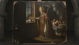 Św. Mikołaj jako biskup w mitrze z pastorałem podaje złote monety ubogim przy oknie, obok klęczą kobiety