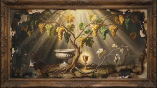 An ornately framed painting of a grapevine with grape clusters, a stone urn, and a glowing golden chalice amid light rays