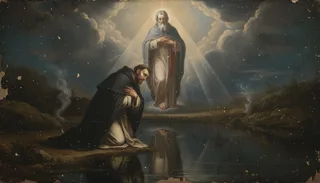 Oil painting of a friar kneeling in prayer before a glowing white-robed bearded figure floating above a still pond at dusk