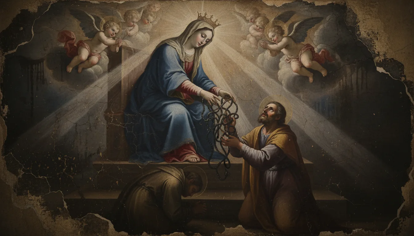 A kneeling supplicant lifting a hopelessly tangled cord up to the crowned Virgin Mary, who reaches down from the light to take it into her hands