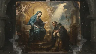 Nossa Senhora de Pompeia sentada entrega o rosário a um frade tonsurado ajoelhado, com querubins acima