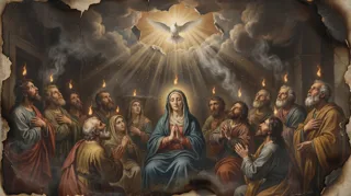 The Virgin Mary and the Apostles with flames over their heads as the Holy Ghost descends as a white dove amid rays
