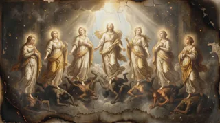 Figura con nimbo rodeada de seis mujeres de blanco y oro, en pie sobre figuras oscuras derribadas entre nubes y luz