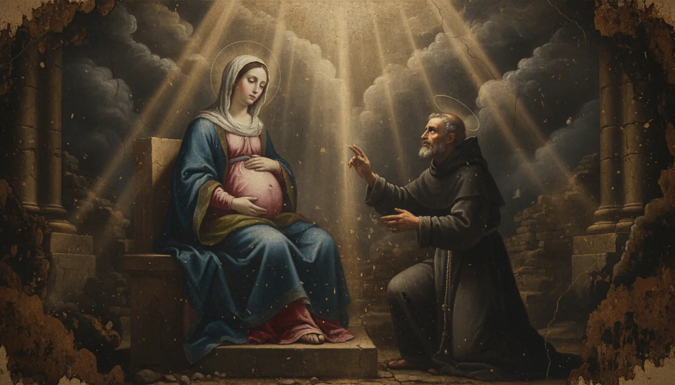 An expectant mother is blessed under the protection of a haloed saint