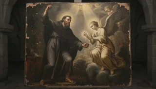A bearded haloed friar with a raised fist confronts a kneeling winged angel, a small cherub above, on distressed canvas