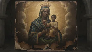 Ukoronowana Madonna w błękitnej szacie w złote gwiazdy trzyma Dzieciątko Jezus wśród złocistych obłoków