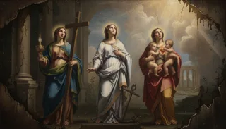 Postać z aureolą wśród sześciu kobiet w bieli i złocie, stojących nad nagimi demonicznymi figurami w obłokach