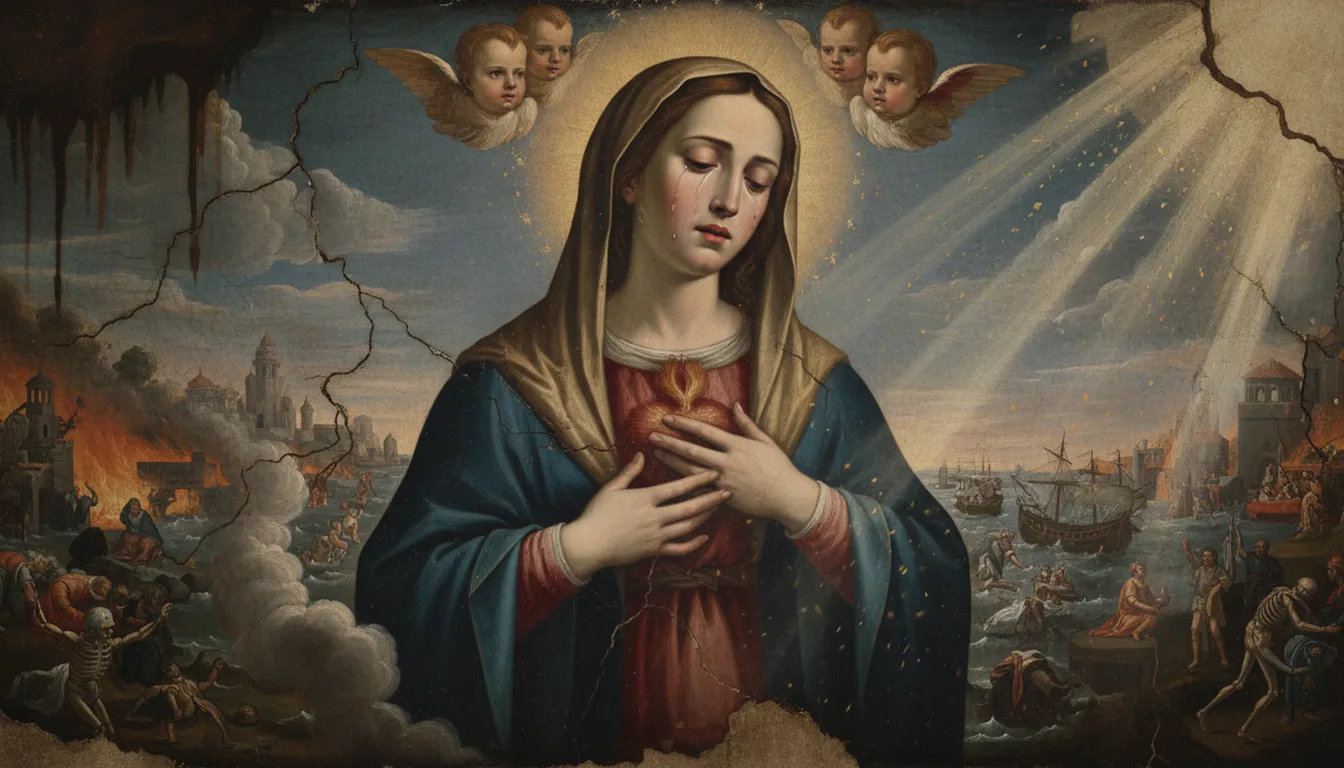 La Madonna piange sulle calamità che si abbatteranno sul mondo, il volto rigato di lacrime nella luce